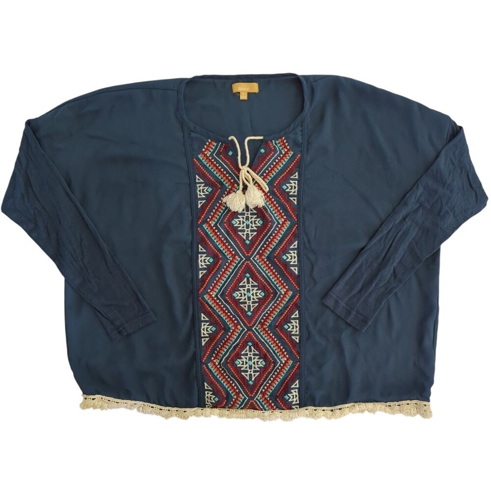 Takara Blue Cream Teal Boho Long Sleev Blouse Tassels Embroidered Womens Size S